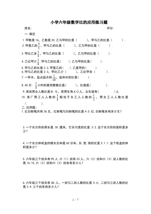 小学六年级数学比的应用练习题