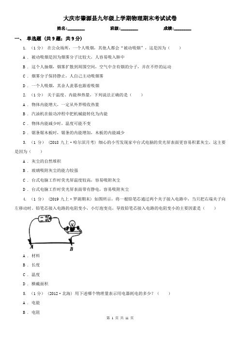 大庆市肇源县九年级上学期物理期末考试试卷