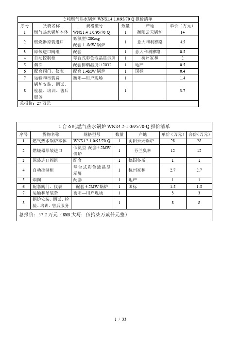 燃气锅炉及配套设备价格报价表