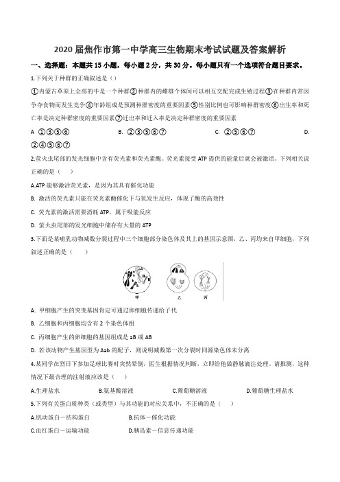 2020届焦作市第一中学高三生物期末考试试题及答案解析