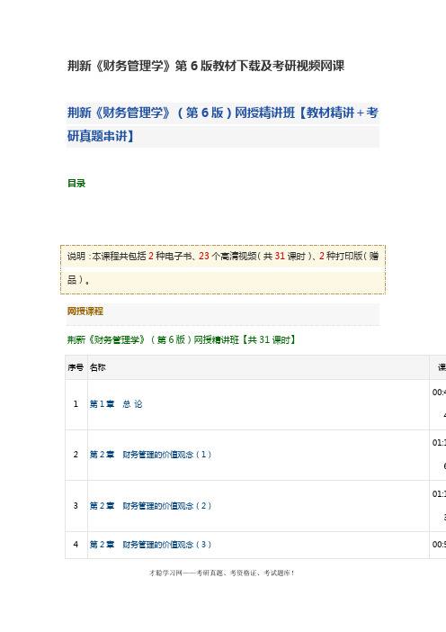 荆新《财务管理学》第6版教材下载及考研视频网课