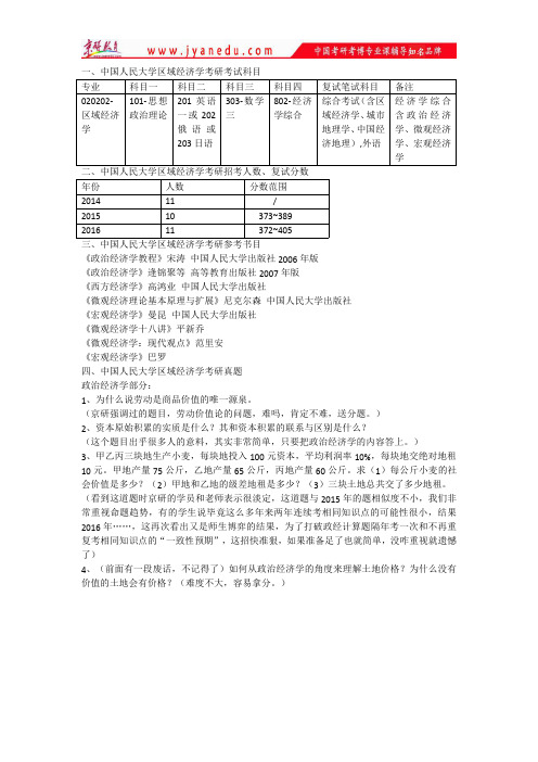 中国人民大学区域经济学考研真题、复试分数线