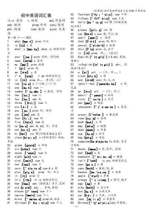 (完整版)初中英语单词表大全2182个带音标