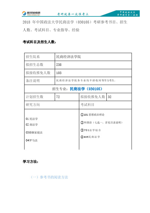 2018年中国政法大学民商法学(030105)考研参考书目、招生人数、考试科目、专业指导、经验