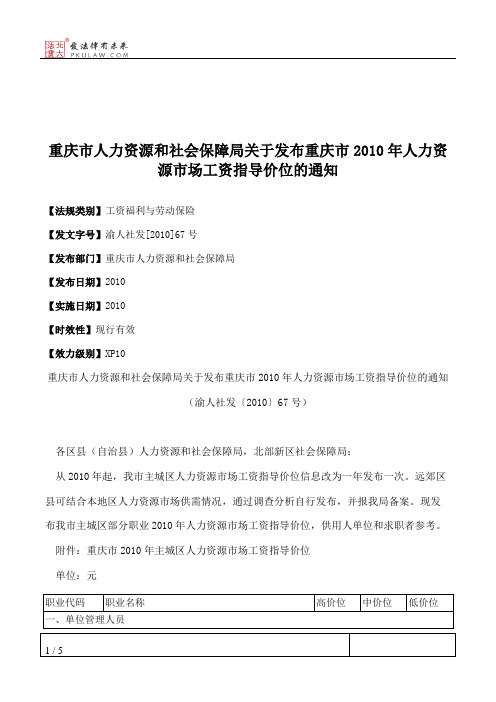 重庆市人力资源和社会保障局关于发布重庆市2010年人力资源市场工