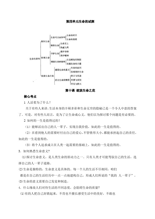 2016人教版七年级道德与法治上册第十课绽放生命之花考点汇总