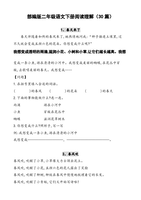 新人教部编版二年级语文下册课外阅读训练题(30篇)