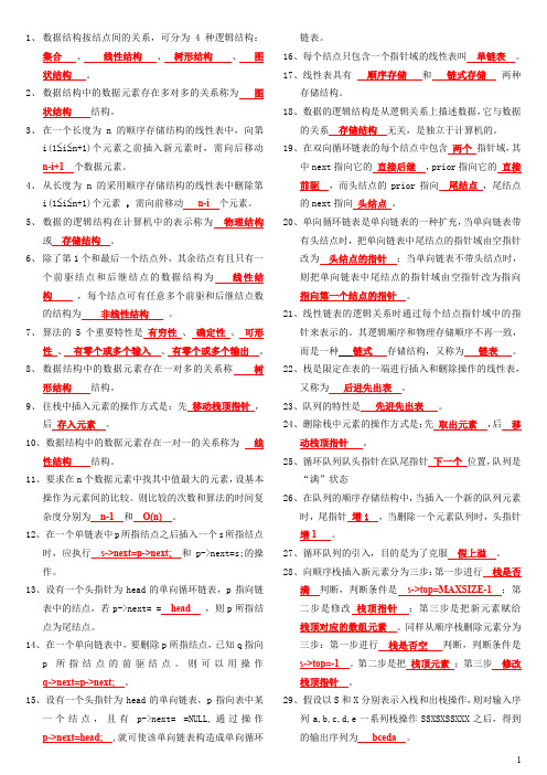 开放大学数据结构2020年考试必备填空题