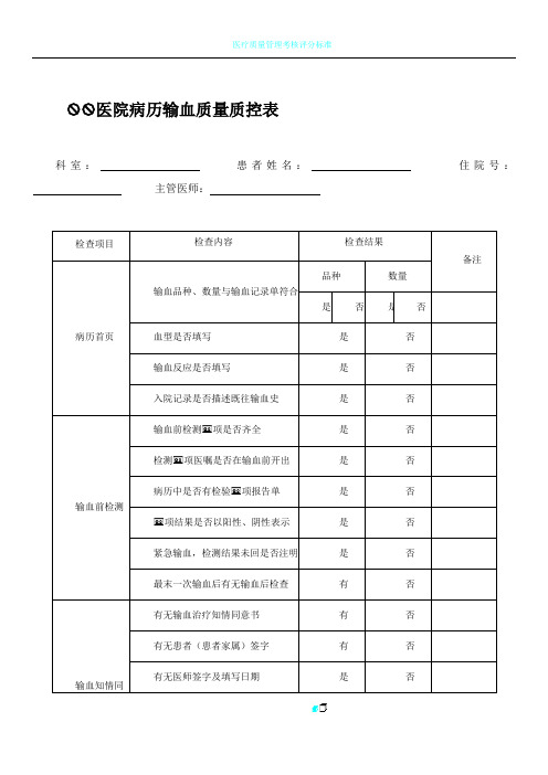 XX医院病历输血质量质控表