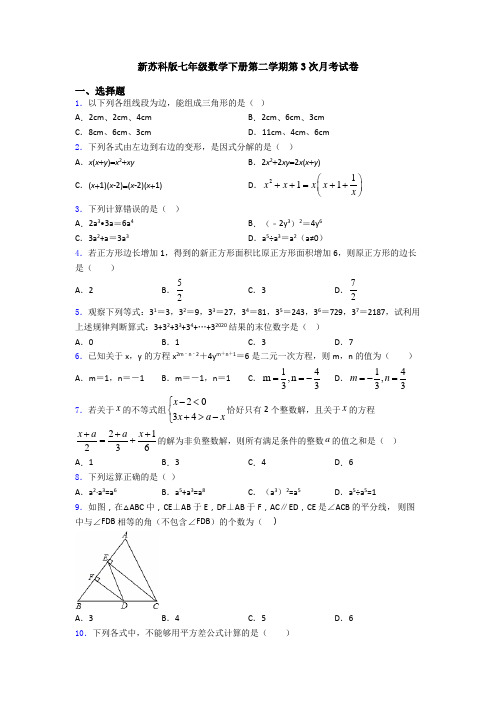 新苏科版七年级数学下册第二学期第3次月考试卷