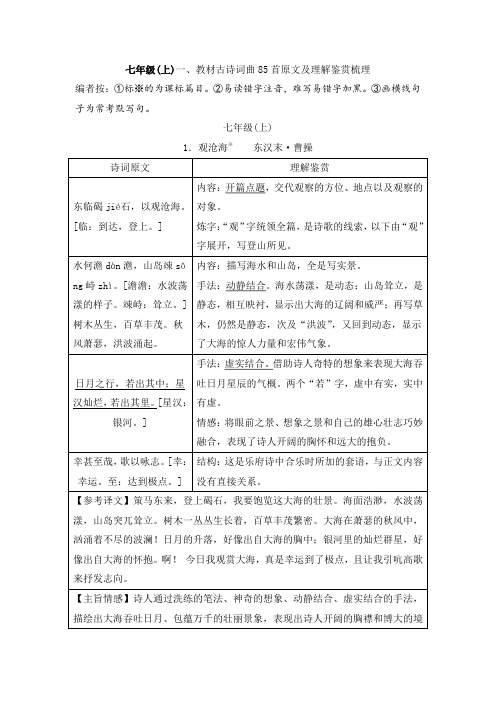 2025年中考语文总复习晨读手册教材古诗词曲85首原文及理解鉴赏梳理 七年级(上)