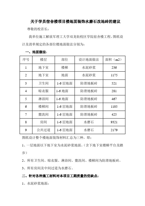 关于学员宿舍楼项目楼地面装饰水磨石改地砖的建议Doc1