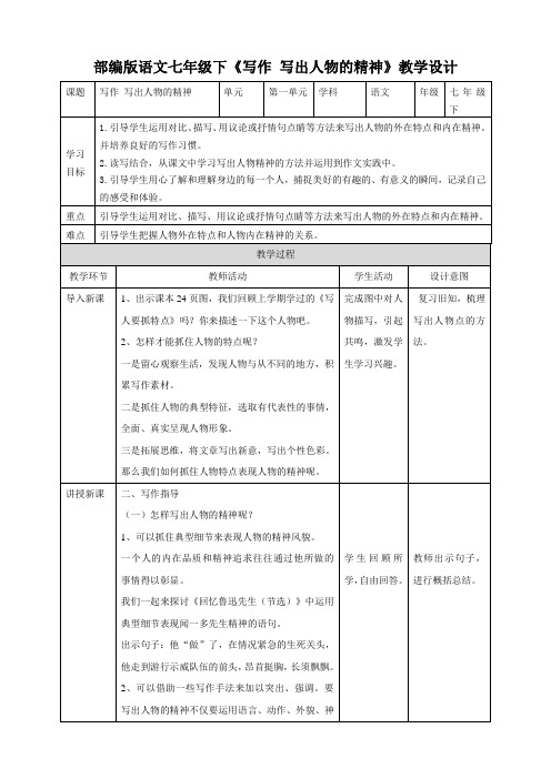 人教部编版语文七下第一单元《写作——写出人物的精神》（ 教案）