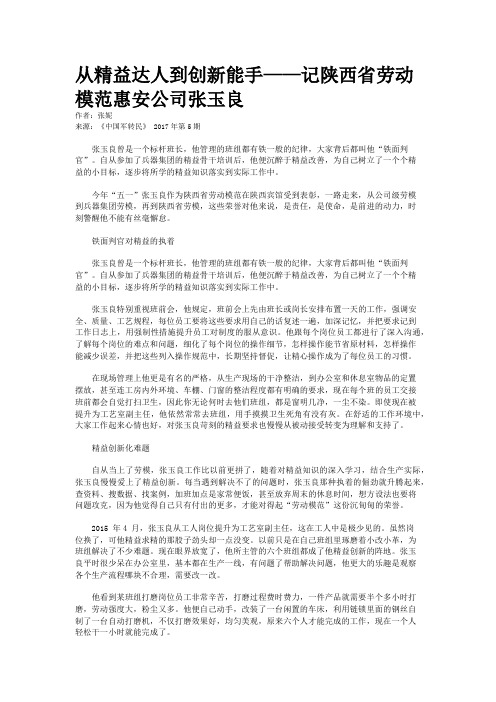 从精益达人到创新能手——记陕西省劳动模范惠安公司张玉良