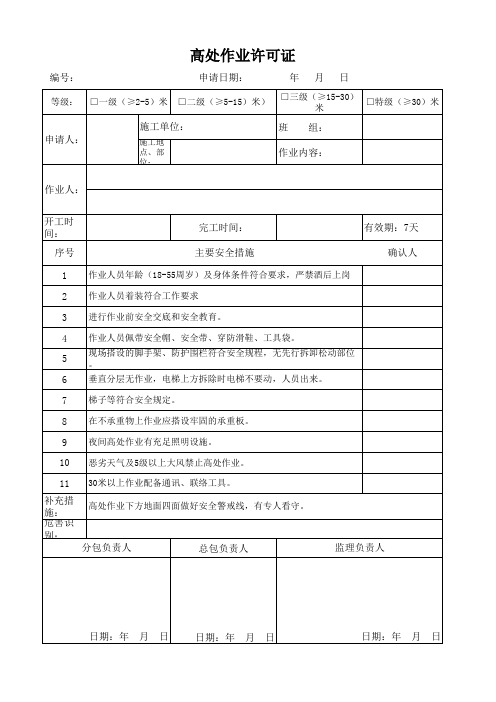 高处作业许可证