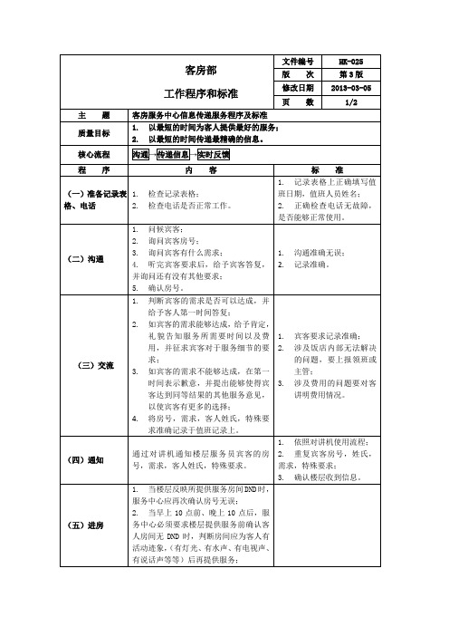 客房部服务中心信息传递服务程序及标准