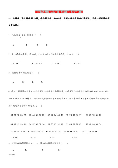 2021-2022年高三数学考前最后一次模拟试题 文