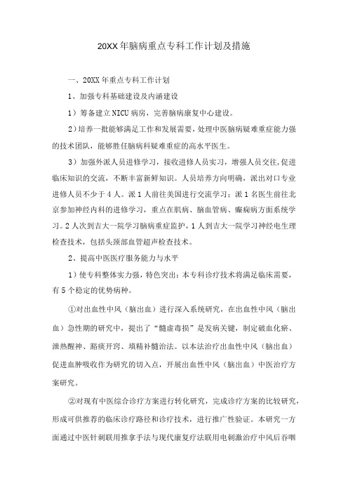 中医脑病年度重点专科工作计划及措施