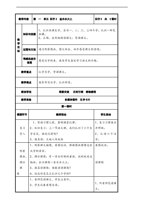 识字2 金木水火土   教案(2课时)