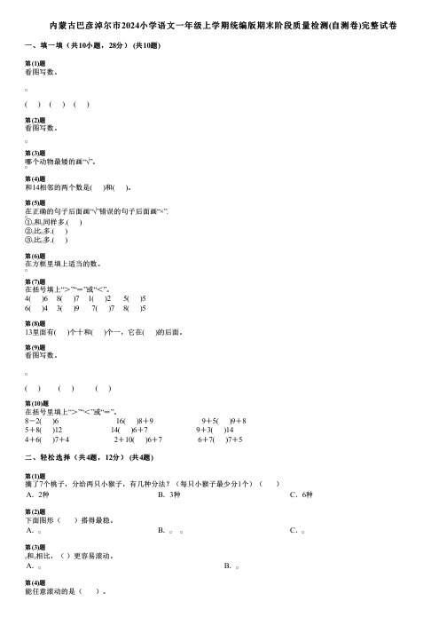 内蒙古巴彦淖尔市2024小学数学一年级上学期统编版期末阶段质量检测(自测卷)完整试卷