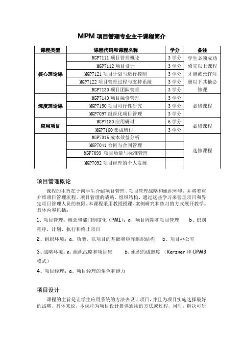 MPM项目管理专业主干课程简介