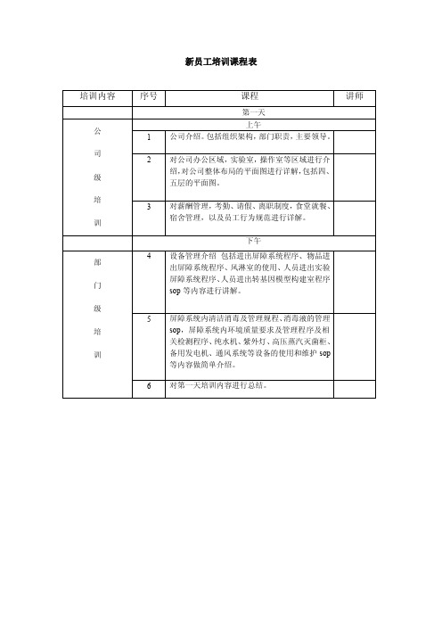 新员工培训课程表