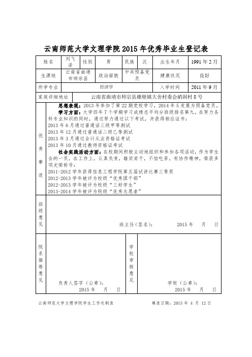 2015年云南师范大学文理学院校级优秀毕业生登记表