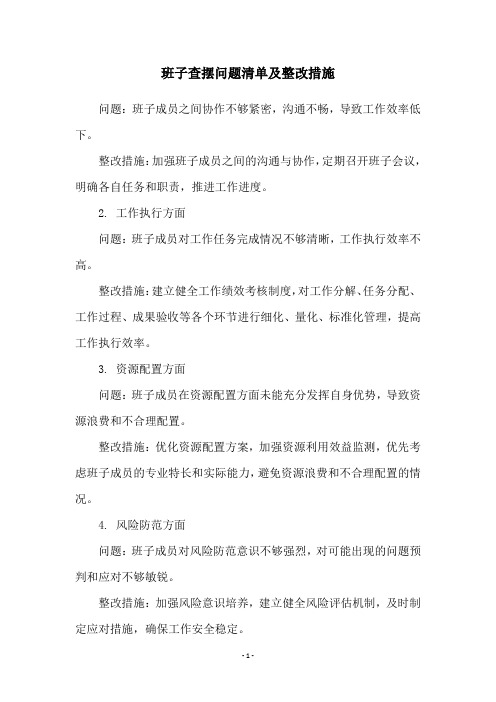 班子查摆问题清单及整改措施