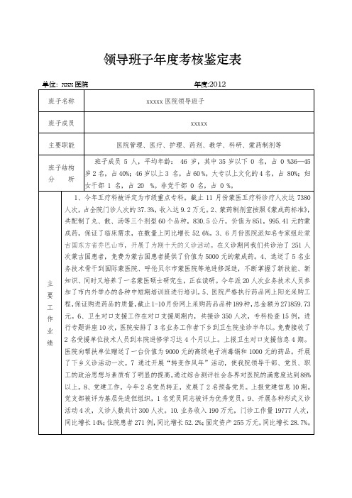 领导班子年度考核鉴定表