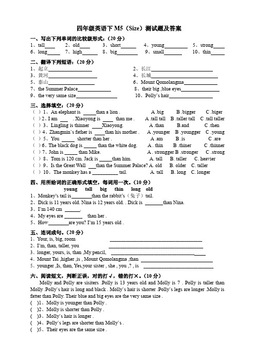 小学四年级英语下M5(Size)测试题及答案