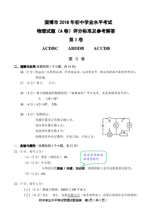 2018年淄博物理中考答案