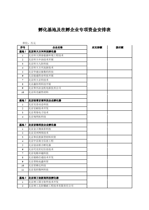 孵化基地及在孵企业专项资金安排表