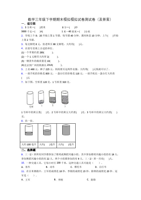 数学三年级下学期期末模拟模拟试卷测试卷(及答案)