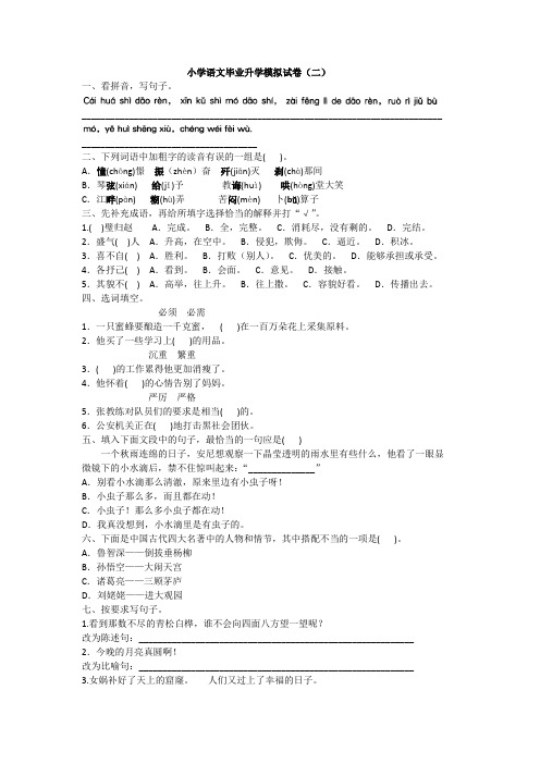 2020年人教版小升初语文毕业升学模拟试卷(二)附答案