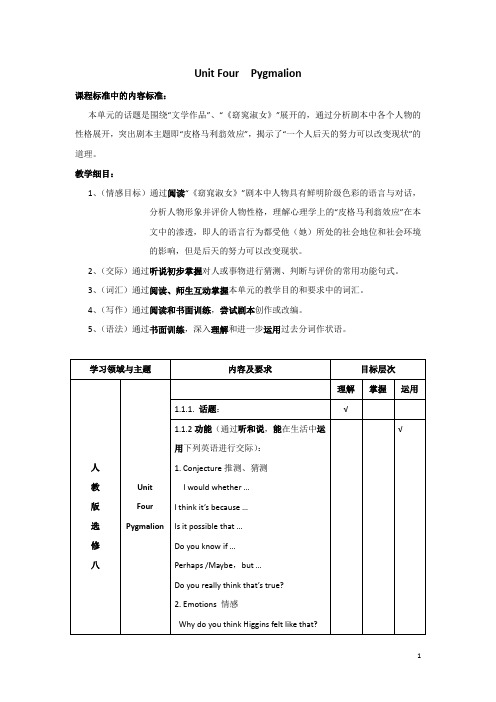人教新课标英语Book8 Unit Four Pygmalion单元教学细目与单元检测 导学案