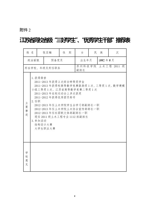 “三好学生”、“优秀学生干部”推荐表