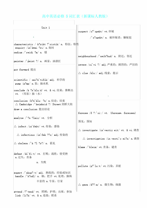 完整版高中英语必修5词汇表有音标新课标人教版