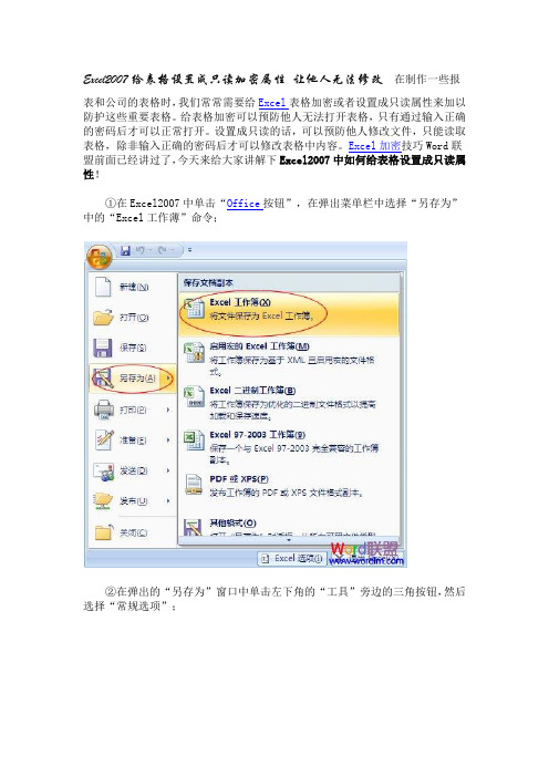 Excel2007给表格设置成只读加密属性 让他人无法修改