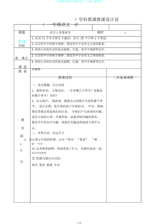 (完整版)2017人教版语文一年级下册教案