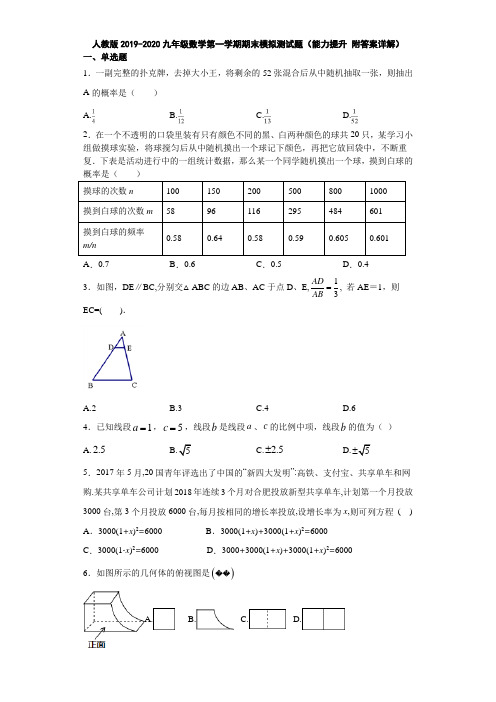 人教版2019-2020九年级数学第一学期期末模拟测试题(能力提升 附答案详解)