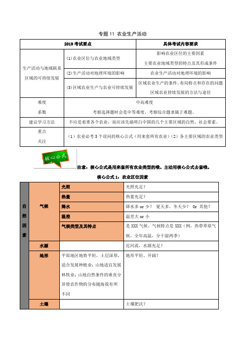 2019届  二轮复习 专题11 农业生产活动-决胜2019年高考地理二轮夯基解题王(夯基手册)学案(全国通用)