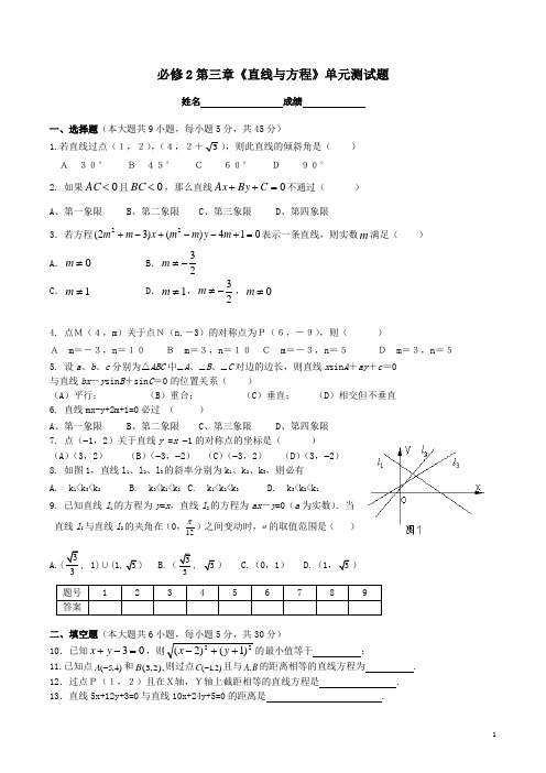 高中数学 直线与方程 单元测试题 新人教A版必修2