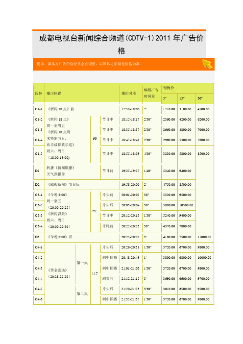 成都电视台CDTV1 至CDTV6 2011年刊例价 广告价目表