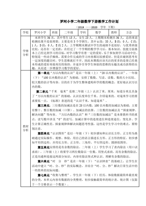 2019-2020学年下期二年级数学下册教学工作计划(方会)