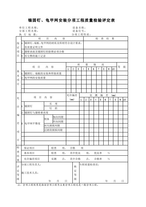 锚固钉、龟甲网安装分项工程质量检验评定表