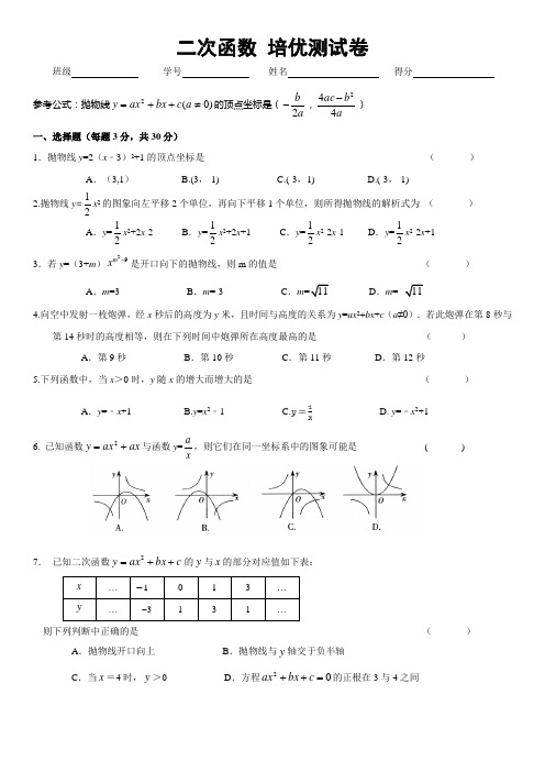 《二次函数》培优测试卷