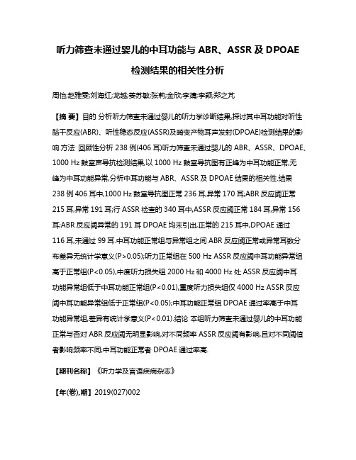 听力筛查未通过婴儿的中耳功能与ABR、ASSR及DPOAE检测结果的相关性分析