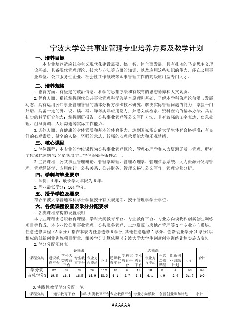 宁波大学公共事业管理专业培养方案及教学计划