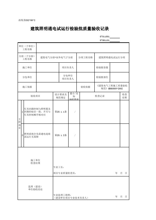 建筑照明通电试运行检验批质量验收记录