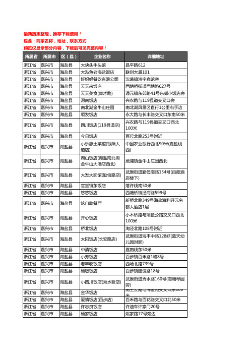 新版浙江省嘉兴市海盐县酒店餐饮企业公司商家户名录单联系方式地址大全239家